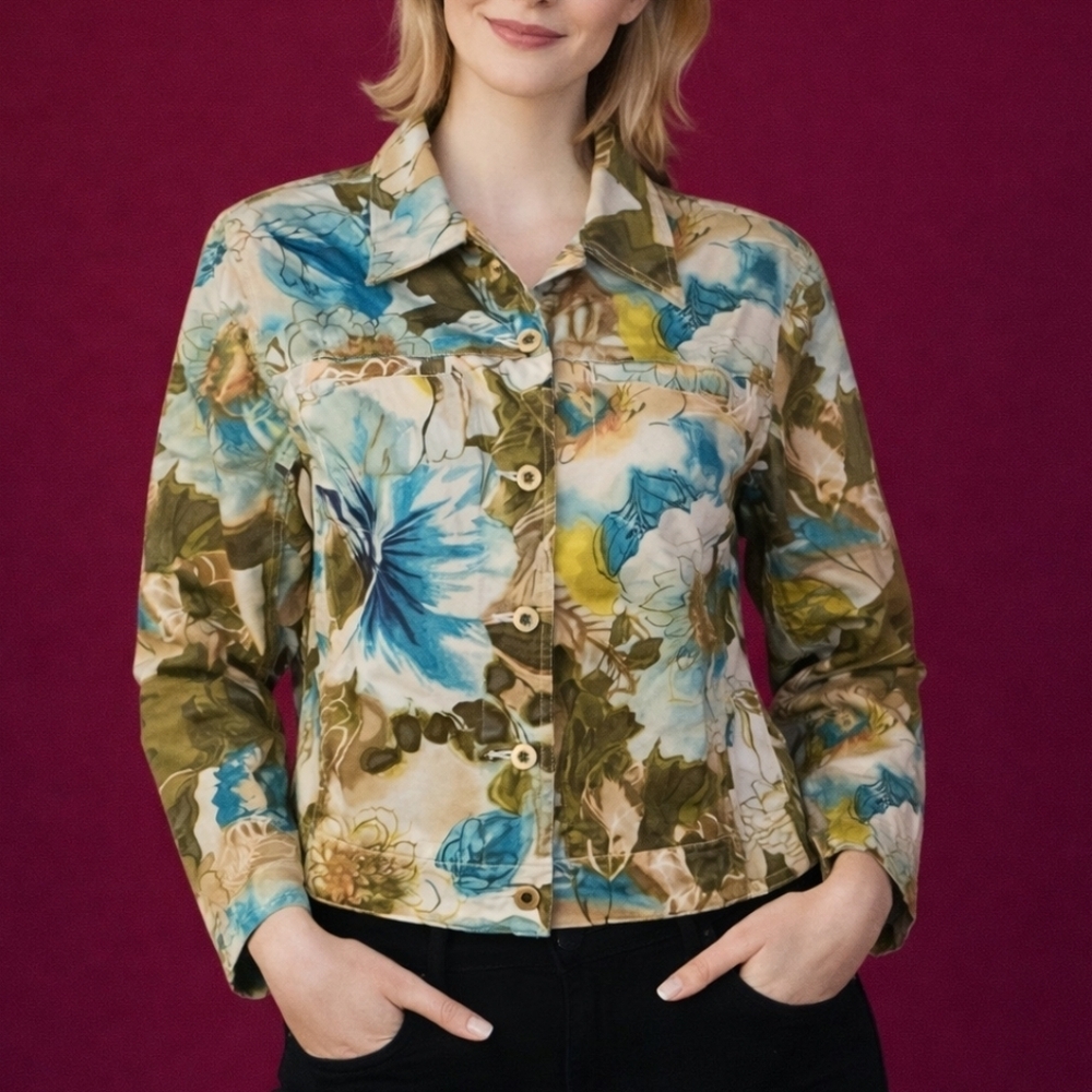 Caribbean JOE Hawaiian Tropical Floral Lightweight Festival Tiki Jacket Medium
